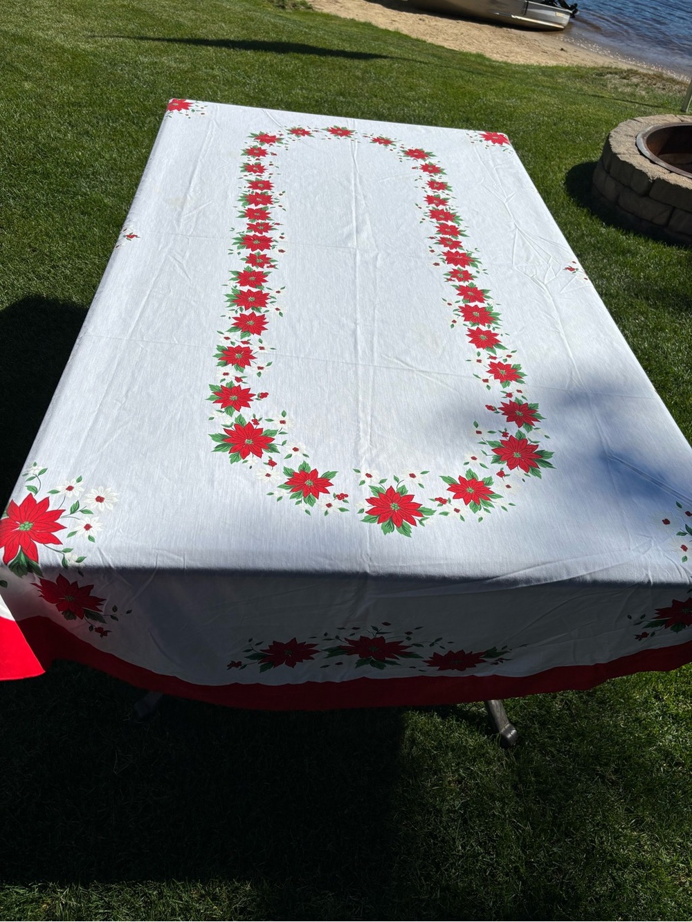 Vintage Mid-Century Christmas Tablecloth White Poinsettia Garland Oblong 60s 70s